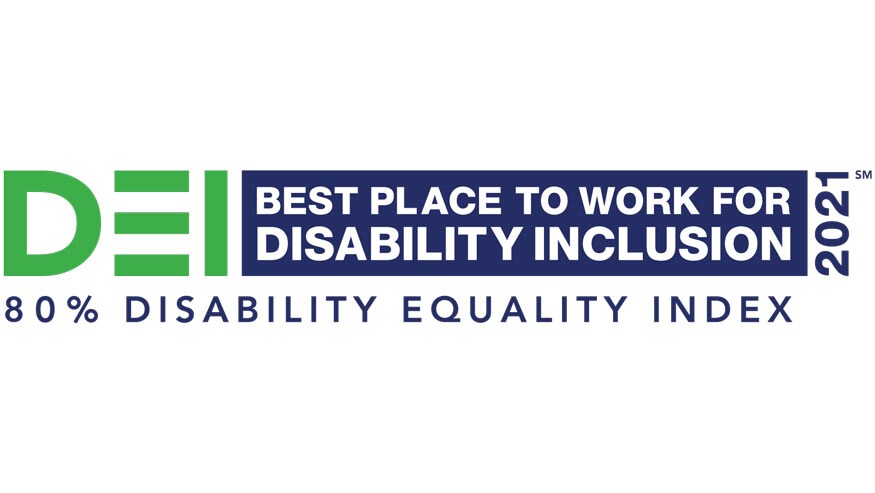 Logo that reads DEI Best Place to Work for Disability Inclusion 2021, 80% Disability Equality Index