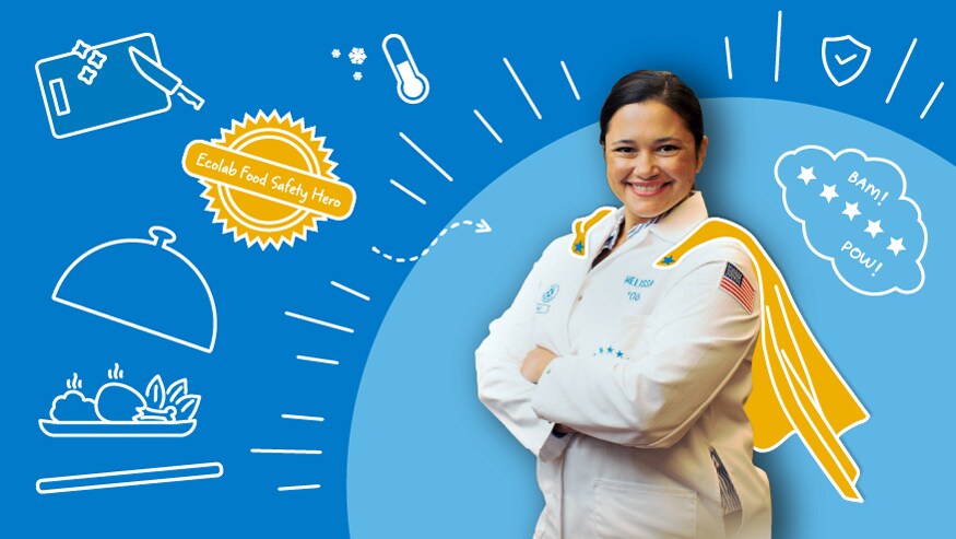 Illustration with an Ecolab associate in a white lab coat and text that reads "Food Safety Hero."